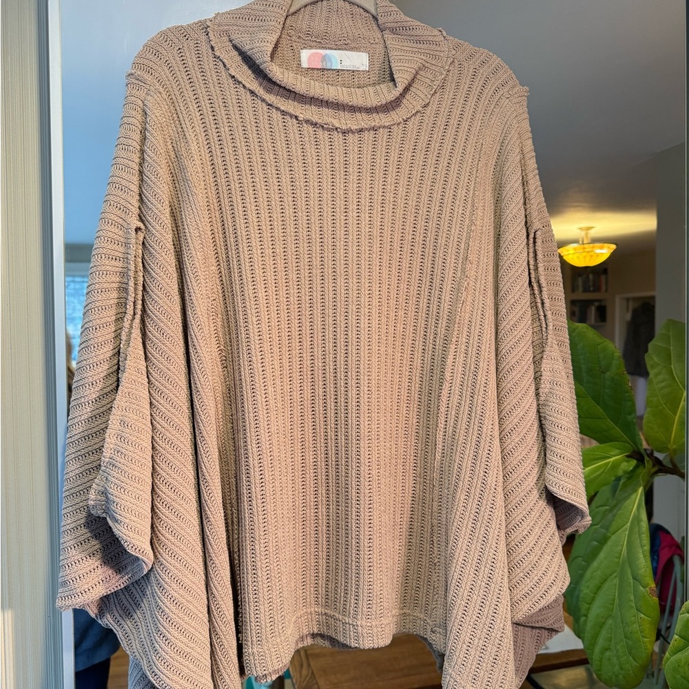 Free People FP Beach Ribbed Knit Poncho Sweater – Neutral Boho Coastal